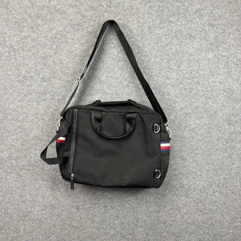 Tommy Hilfiger Mens Black Canvas‎ Messenger Bag Laptop Crossbody Stripe Accent